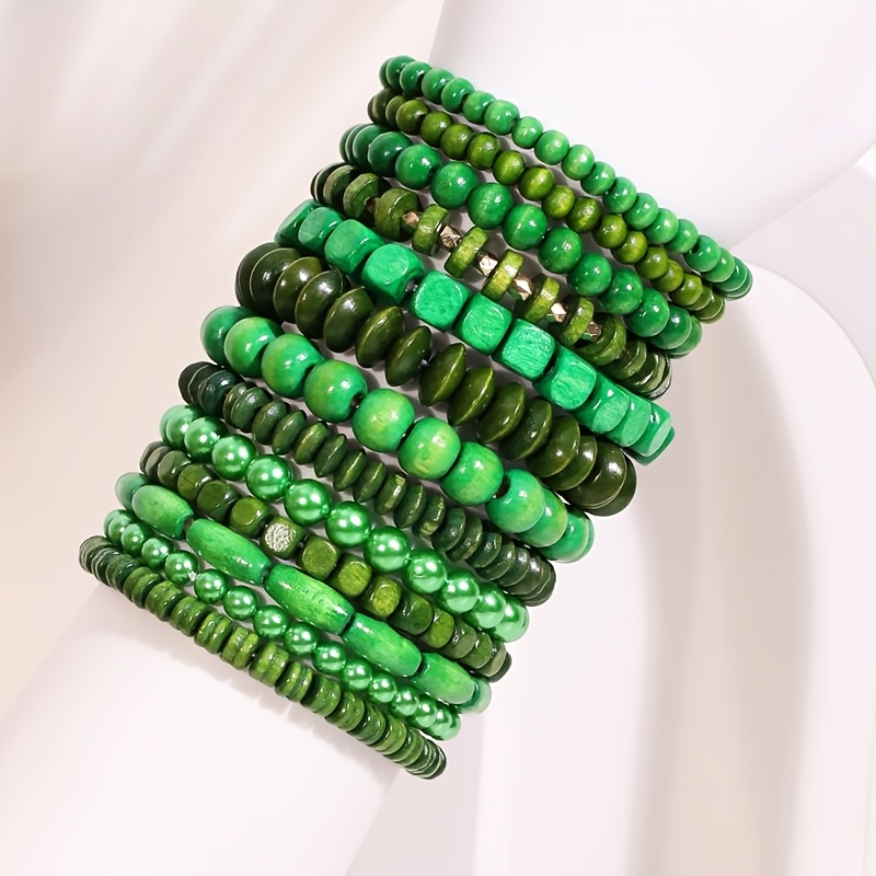 13pcs Green Wood Bead Bracelet Set for Natural Style